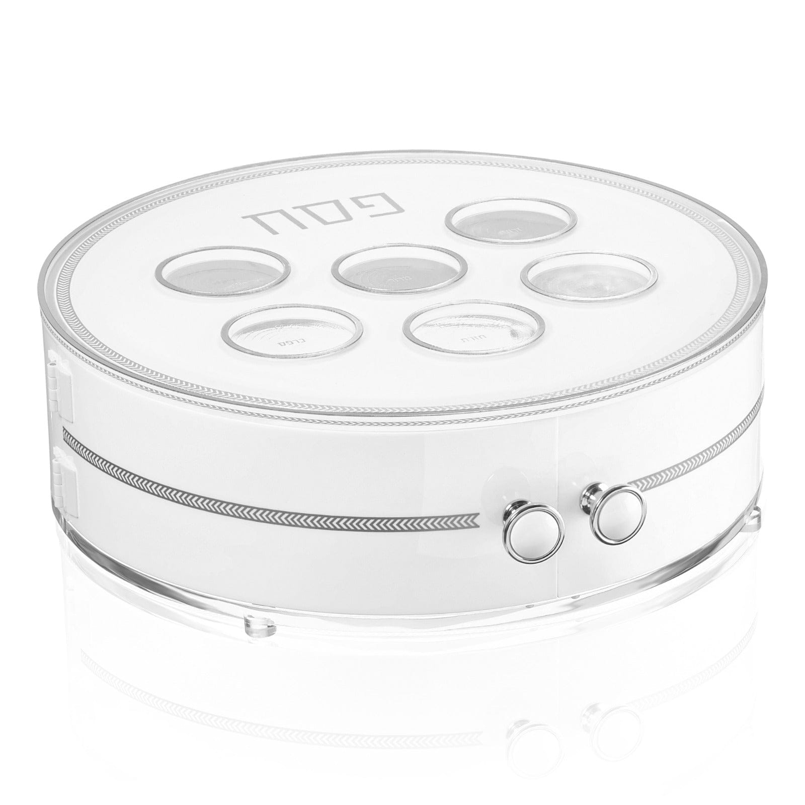 Herringbone 3-level Seder plate with silver accents and Hebrew labels, modern white Passover plate with layered design | Waterdale Collection