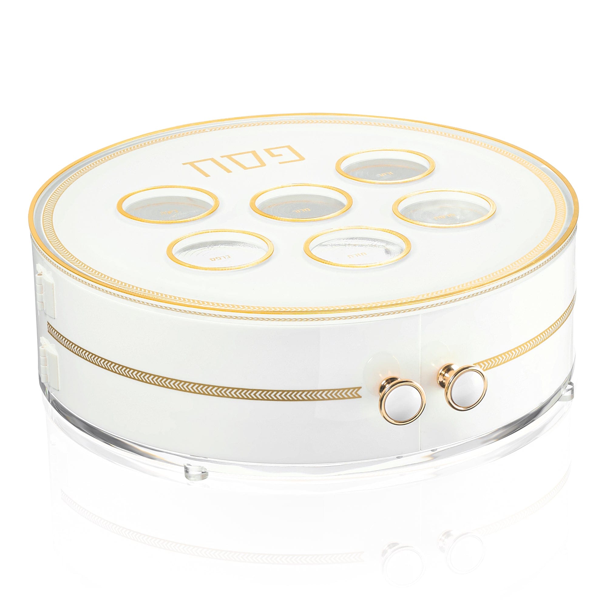 Herringbone 3-level Seder plate with gold accents, Hebrew labels, and modern white design, elegant Passover table decor | Waterdale Collection