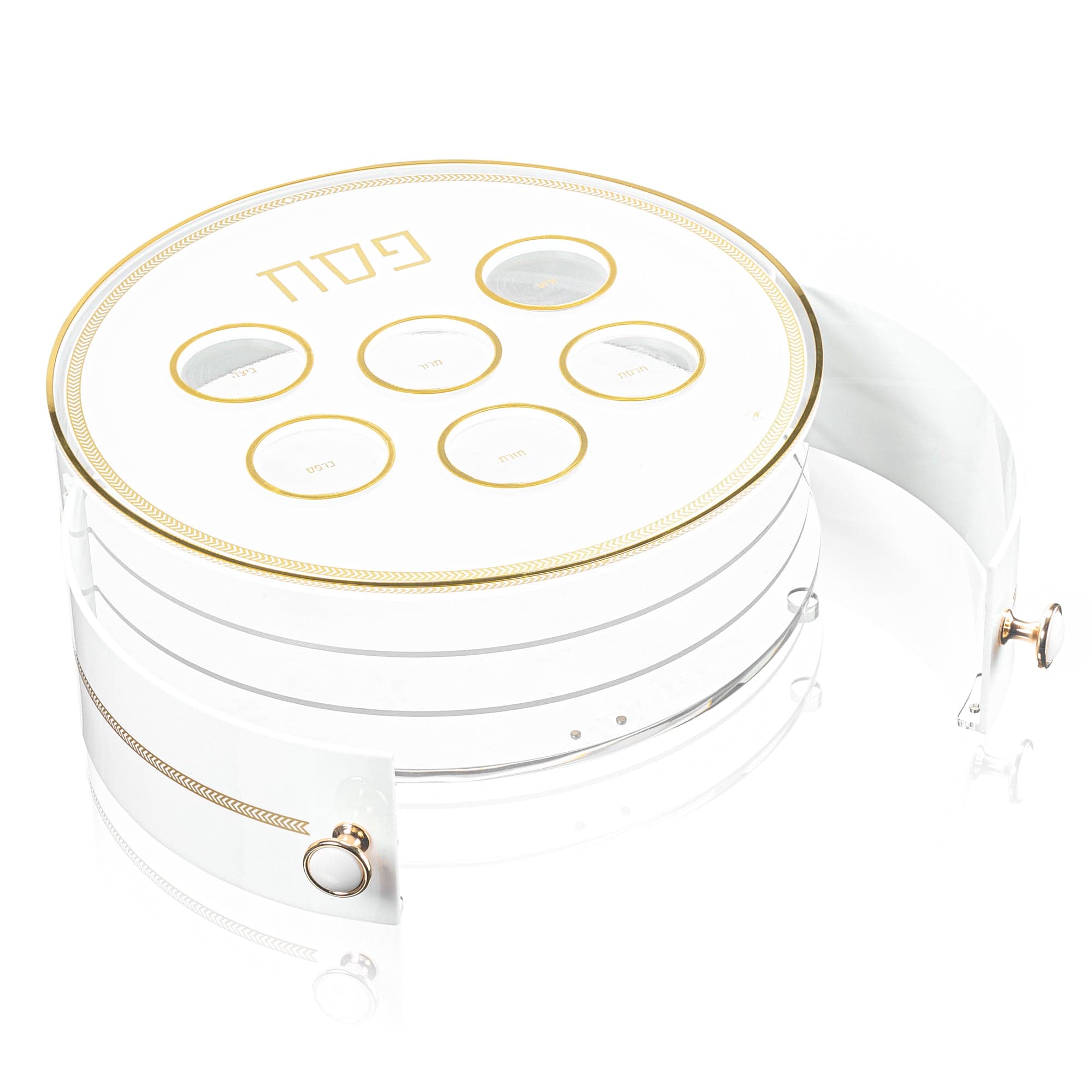 Herringbone 3-level Seder plate with gold accents and Hebrew labels, layered white Passover plate shown open | Waterdale Collection