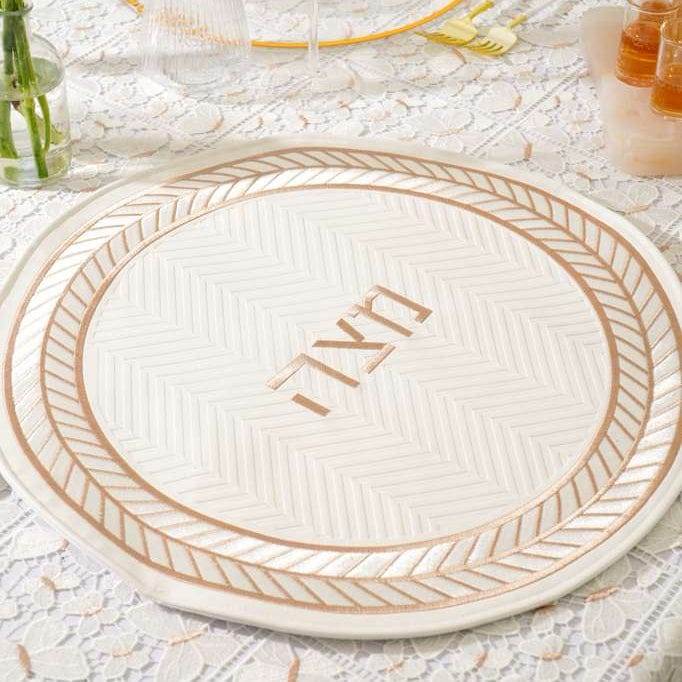 Leather Matzah Cover on a lace tablecloth - Waterdale Collection