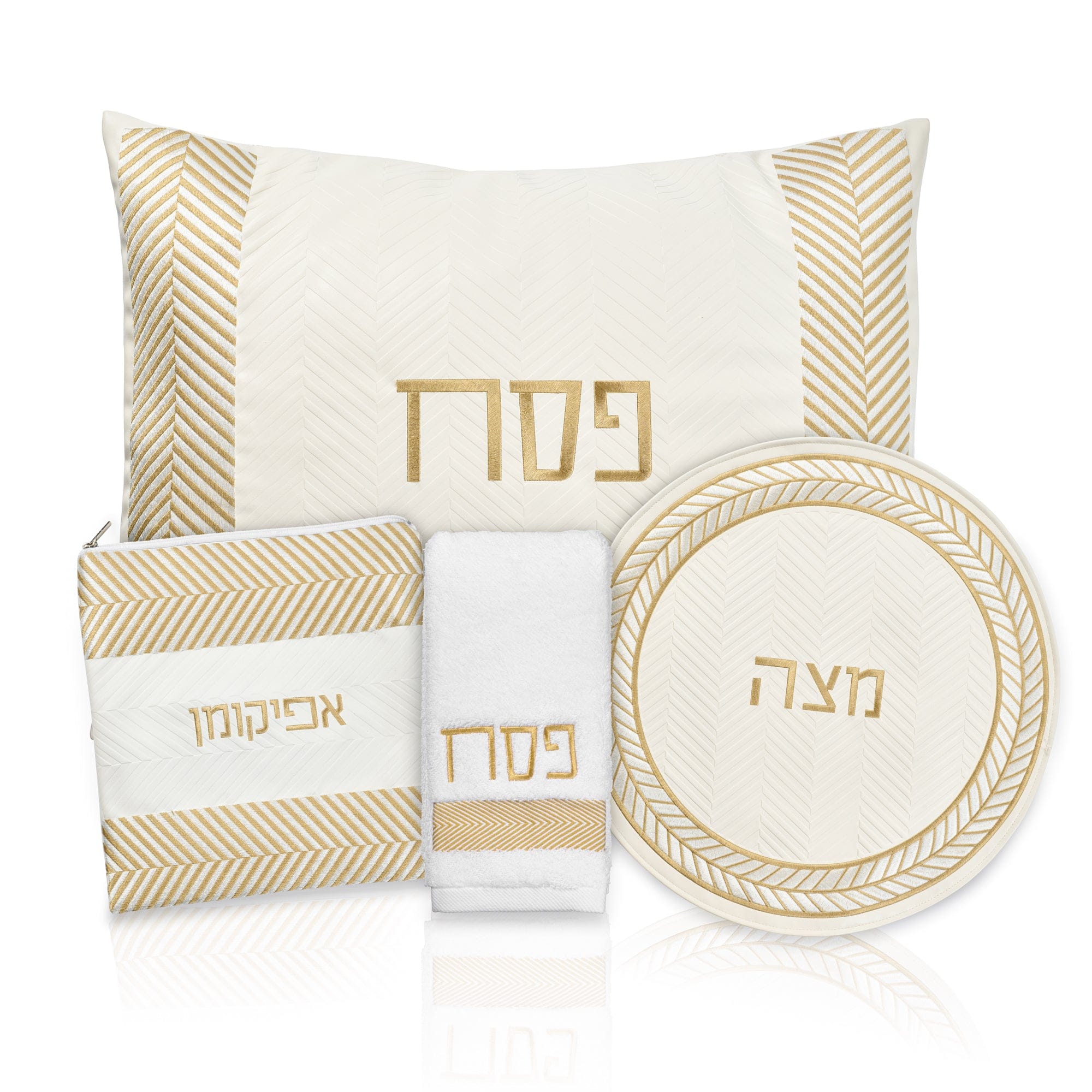 Luxury herringbone Pesach set with white and gold Passover accessories, textured fabric design, and Hebrew embroidery | Waterdale Collection