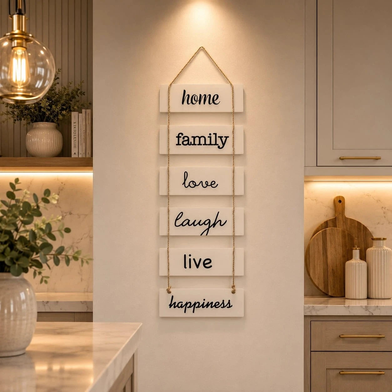 A vertical wooden sign with six white rectangular panels hanging by rope, each reading a positive word: home, family, love, laugh, live, happiness. The sign is displayed on a warm beige wall in a modern kitchen setting.