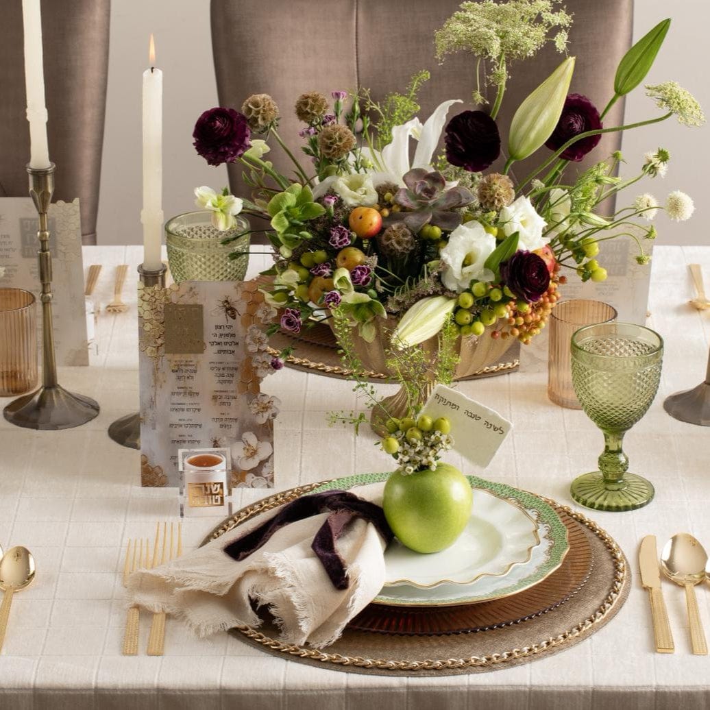 Personal Suspended Honey Dishes on a Rosh Hashanah dining table setting.