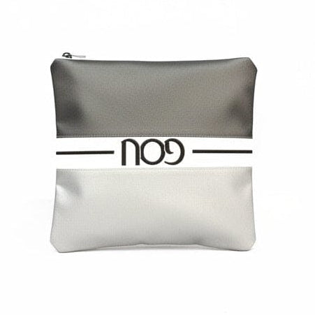 Horizontal Afikoman bag in gray and cream leather with black text band, ideal for Passover storage and table decor.
