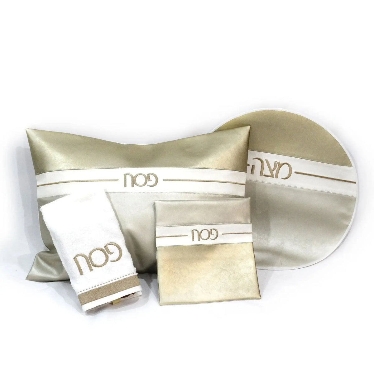 Horizontal Pesach Set in gold and white leather with matching compartments and pouches for organizing Passover essentials.