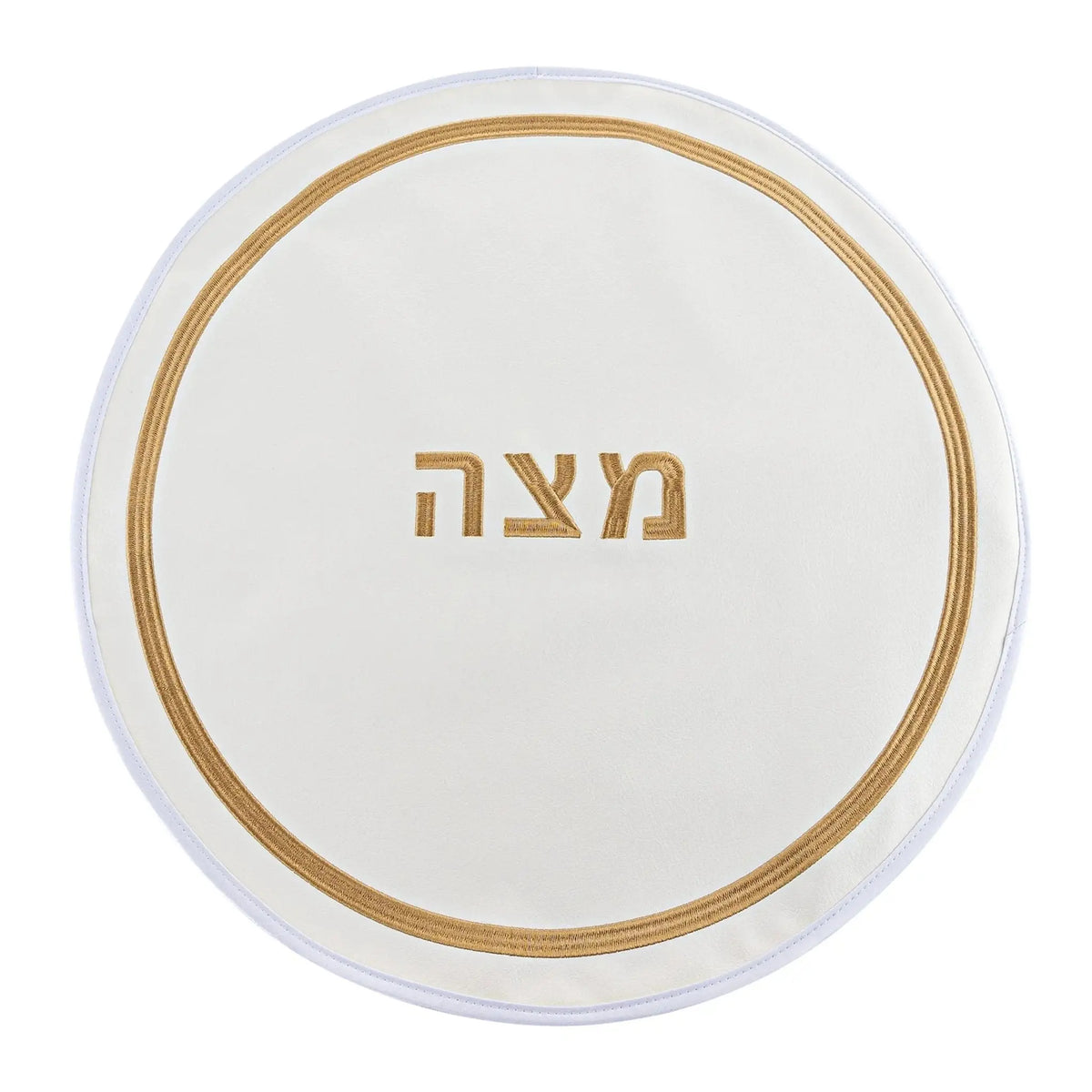 White and gold Hotel Style Matzah Cover with embroidered Hebrew text, featuring a circular design with leather trim from Waterdale Collection.