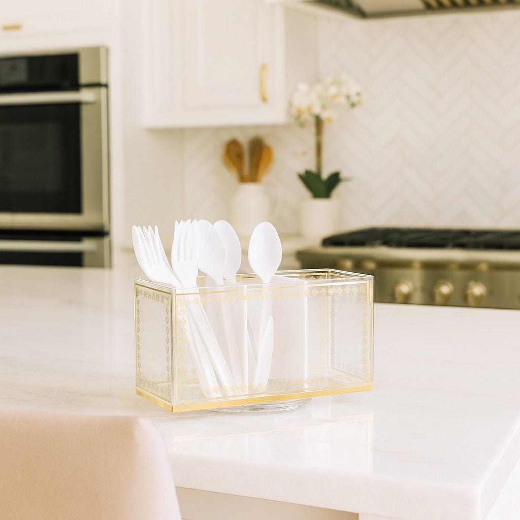 Inspired Swivel Silverware Caddy displayed on a marble kitchen island.