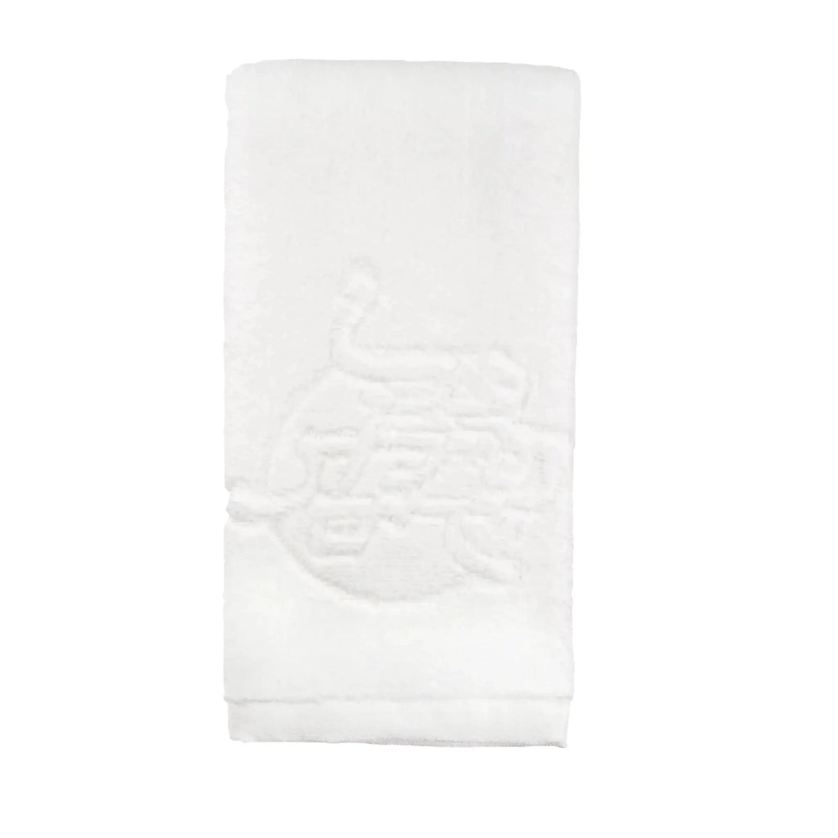 White Jacquard Al Netilas Yadayim finger towel with embossed design detail, folded display showing soft cotton texture and religious ritual wash towel styling.
