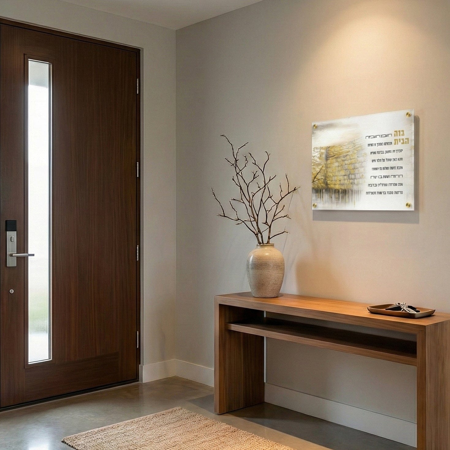 Jerusalem Taupe Birchas Habayis wall art in clear lucite frame with gold standoff hardware, modern Jewish home blessing featuring Jerusalem design in neutral beige tones, elegant Judaica décor for entryway or housewarming gift