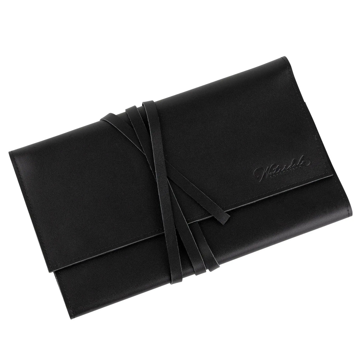 Black leather jewelry roll with tie closure, displaying the compact folded design by Waterdale Collection