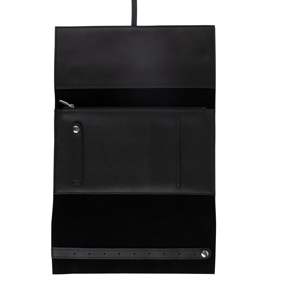 Black leather jewelry roll with compartments and snap closure, displayed flat against white background