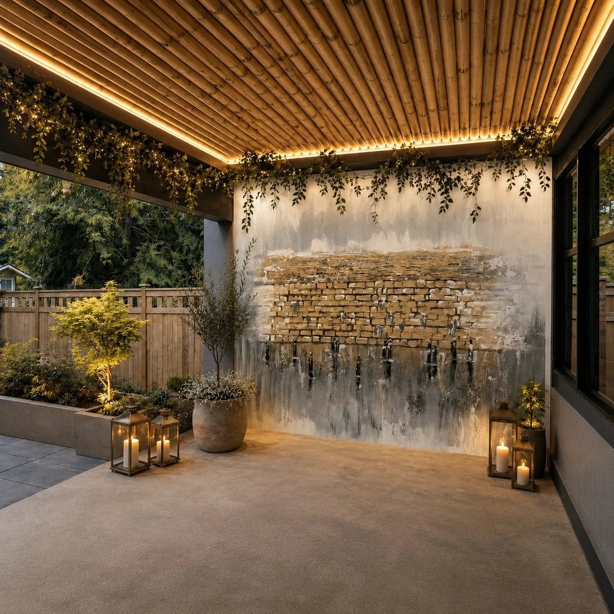 Outdoor patio area with a large stone and wood wall fountain mounted on the back wall, under a slatted wood ceiling with warm lighting and hanging greenery. The space includes a concrete floor, lanterns with candles, potted plants, and a wooden fence in the background.