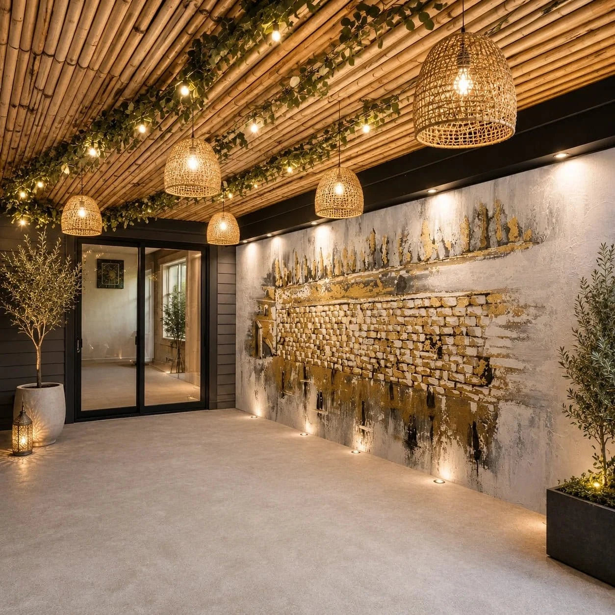 Kosel at Winter vinyl sukkah mural spanning a full sukkah wall under a bamboo roof with woven pendant lights and string lights