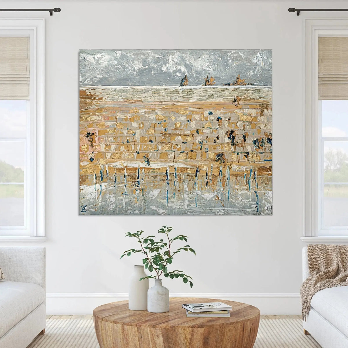 Kosel of Gray & Gold Painting hanging above wooden table in bright room, featuring Jerusalem landscape art in muted tones