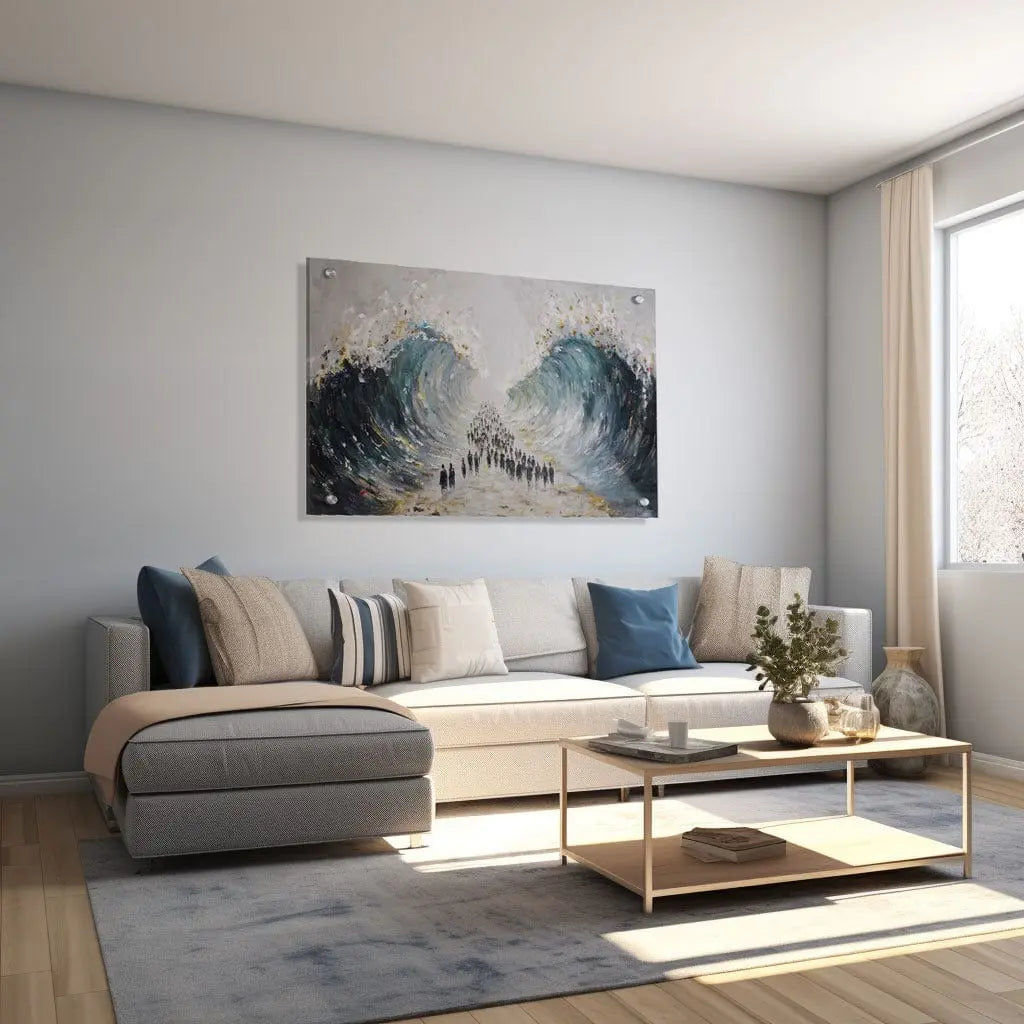 Modern Krias Yam Suf painting by Batya on clear lucite, featuring a dramatic abstract depiction of the Splitting of the Red Sea with metallic gold accents hang up on a living room wall