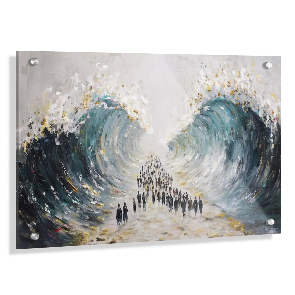 Kriyas Yam Suf painting by Batya featuring dramatic ocean waves in blue and white tones with figures below, modern Jerusalem art wall decor.
