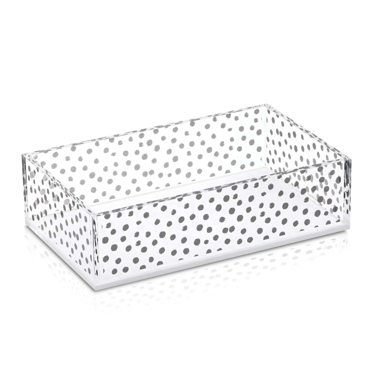 White KS Inspired guest towel holder with polka dot pattern, rectangular tabletop napkin organizer for bathroom or vanity décor.