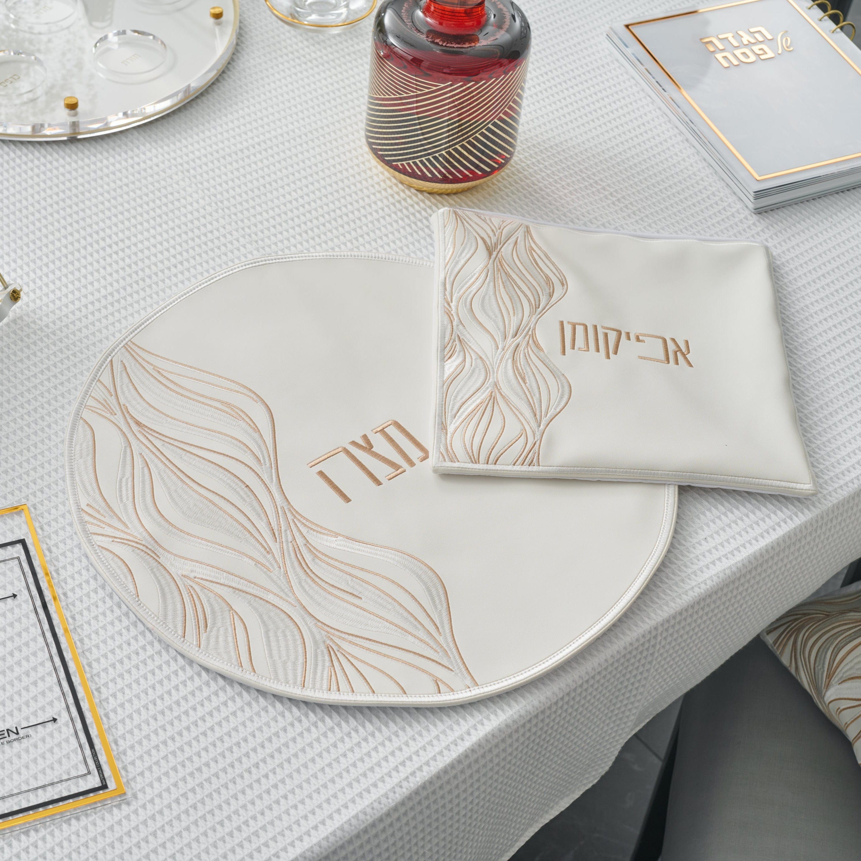 Lace Matzah Cover on a table.