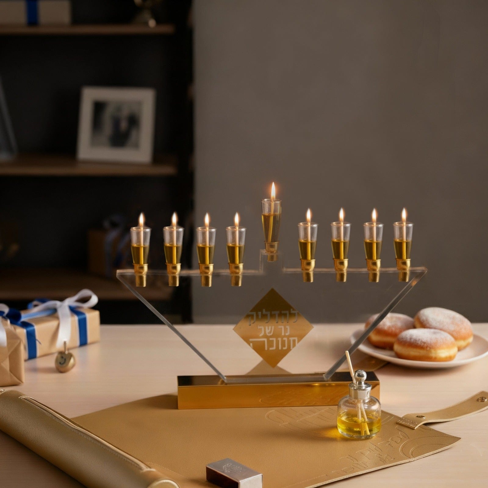 Elegant gold leather menorah tray protecting a wooden table from wax drips, shown beneath a lit acrylic and gold menorah for a Hanukkah display Waterdale Collection