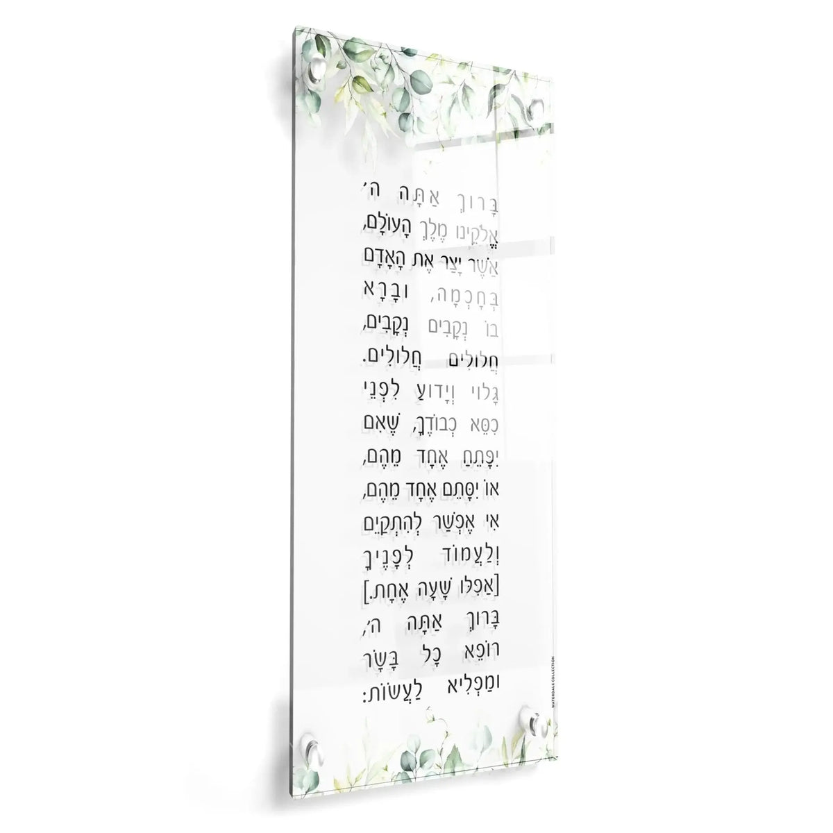 Leaf Asher Yatzar wall art by Waterdale Collection featuring Hebrew prayer text with green botanical border design on white background.
