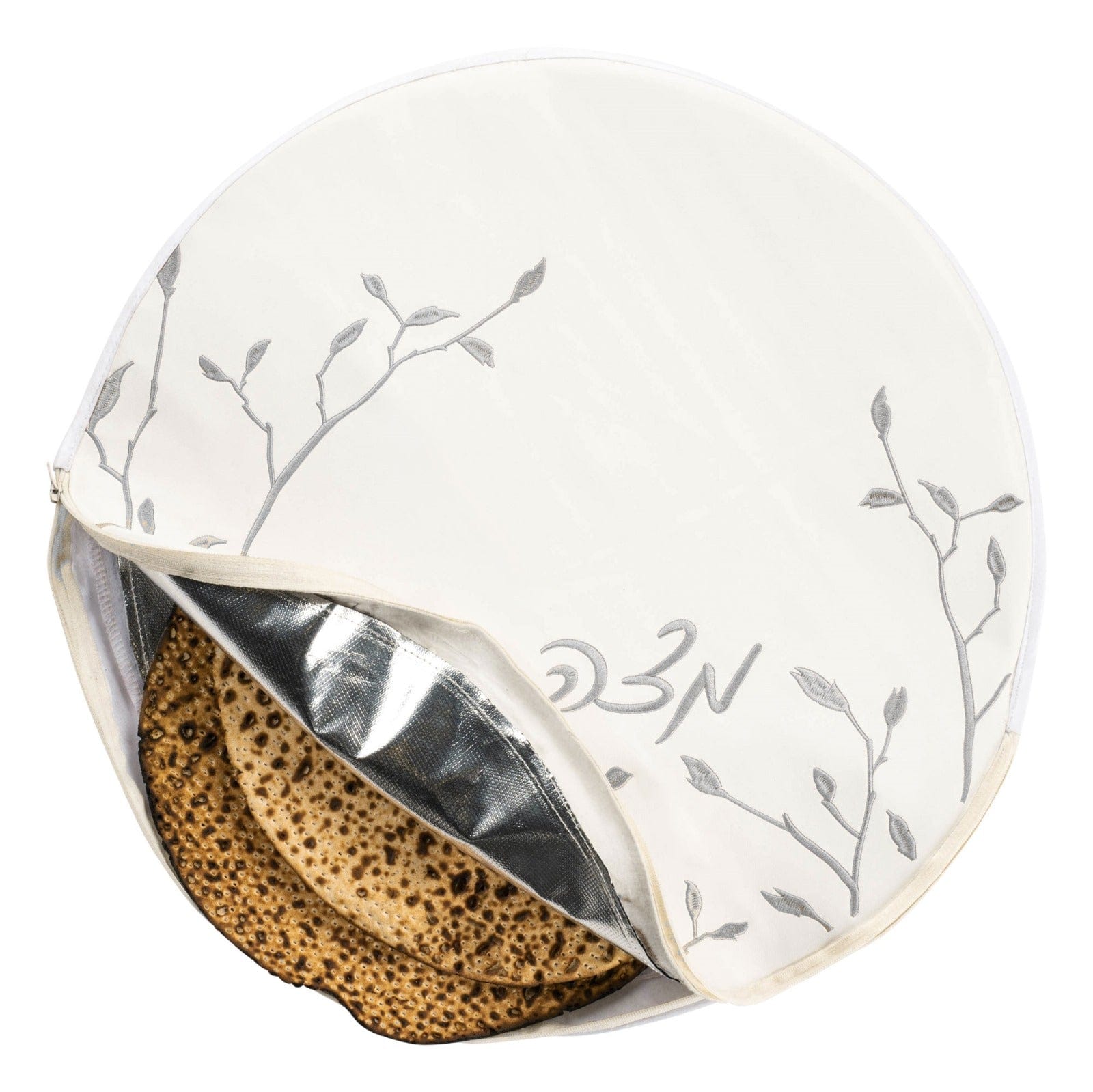Insulated Leaf Embroidered Silver Matzah Pouch Cover with Pesach bread | Waterdale Collection