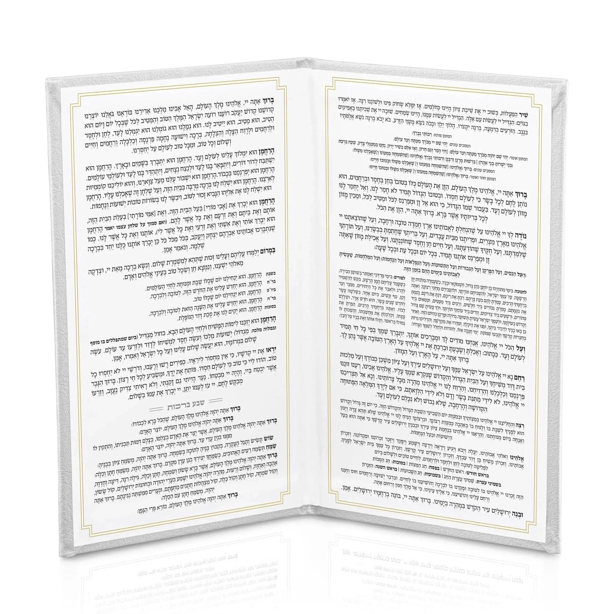 Black and gold leather bencher with open pages showing Hebrew text and blessings for Shabbat meals and Bircat Hamazon.
