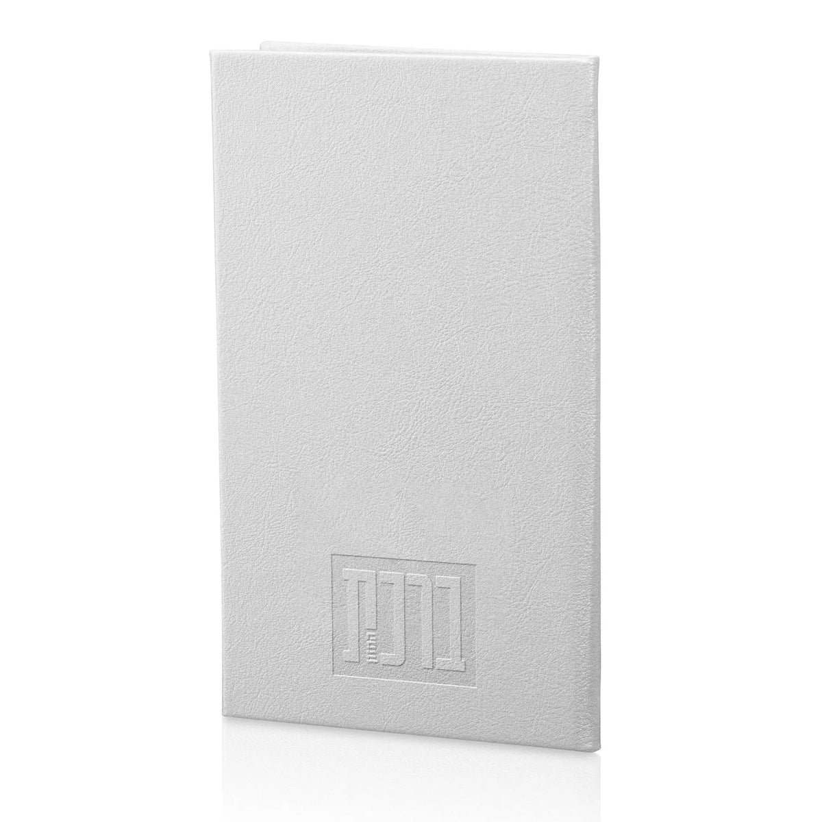 White leather Bencher with embossed design on front cover, displayed at an angle on neutral background.
