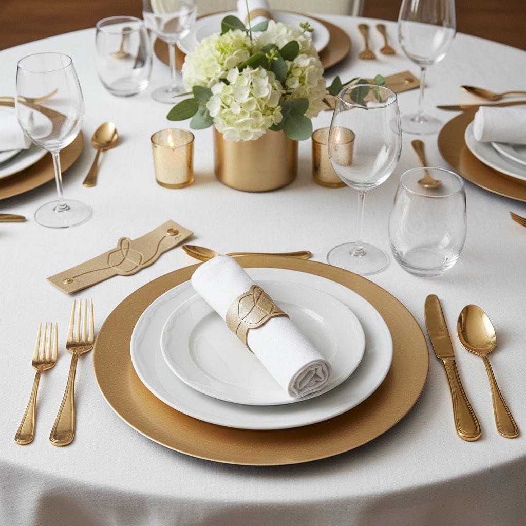 Gold Leather Dreidel Napkin Wraps on a formal Hanukkah table setting. Metallic napkin rings add a festive touch to the Jewish holiday dinner decor - Waterdale Collection