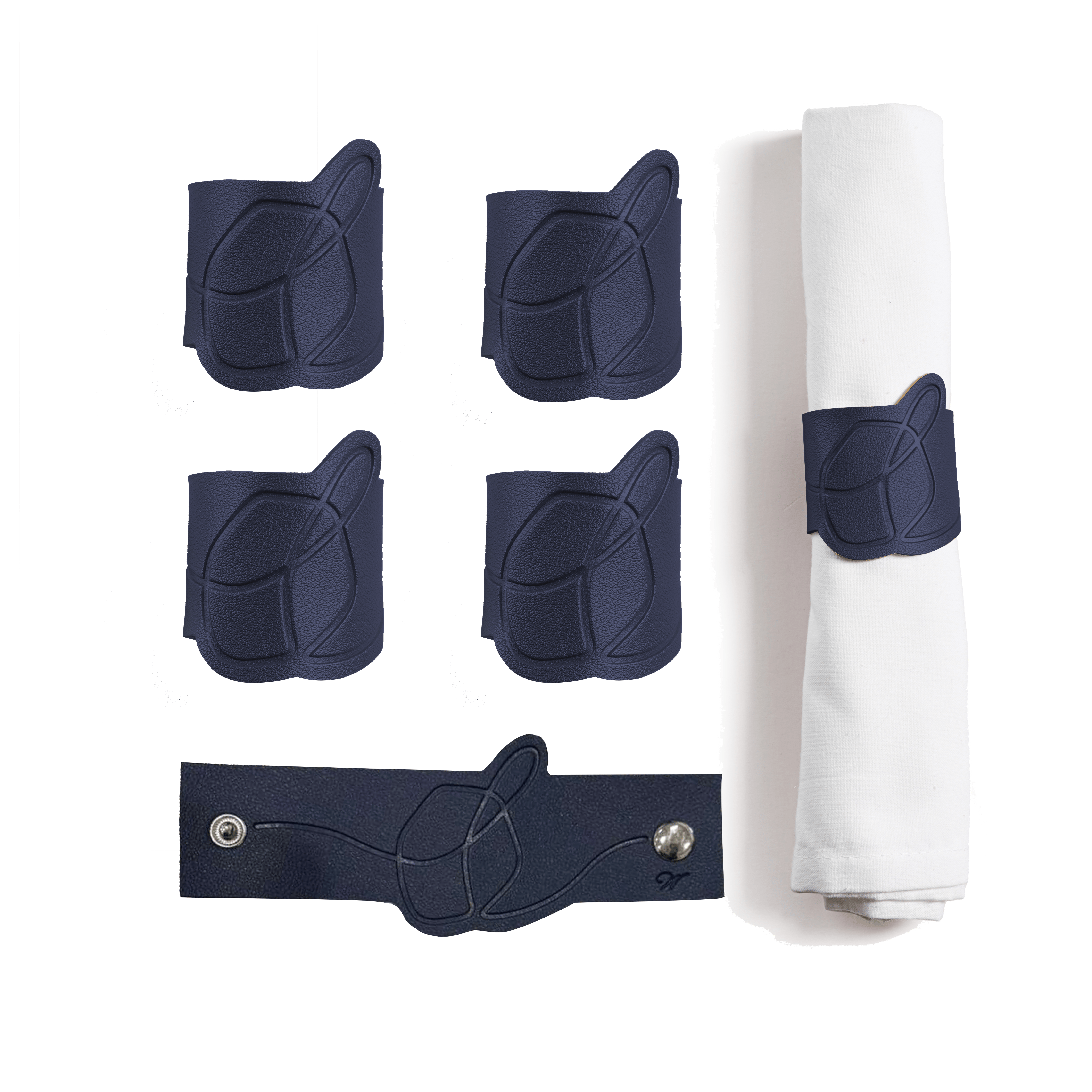 Waterdale Collection - Set of navy dreidel napkin rings with a white napkin on a white background