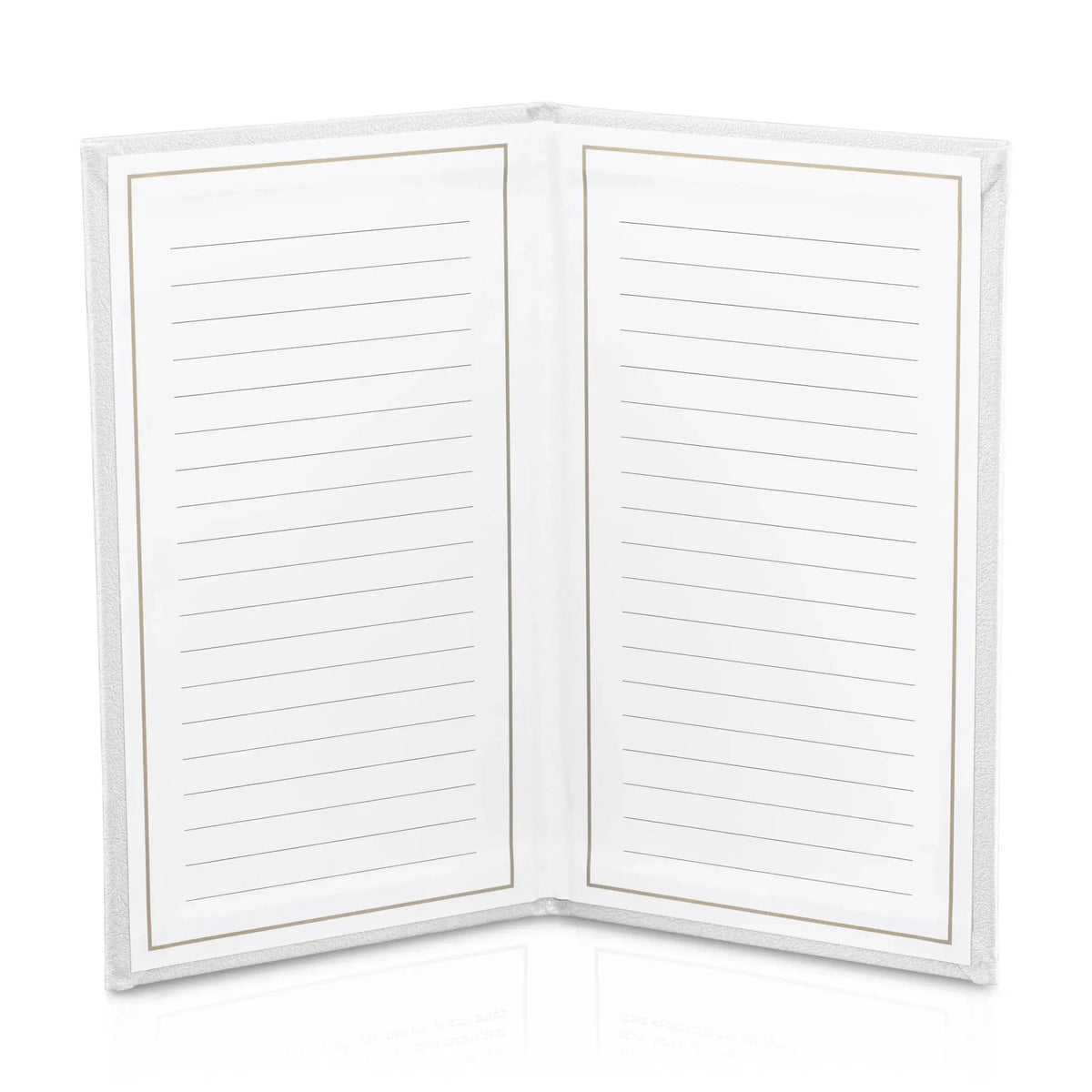 White leather gift note booklet with lined pages, open to display interior writing space, ideal for cards and messages.