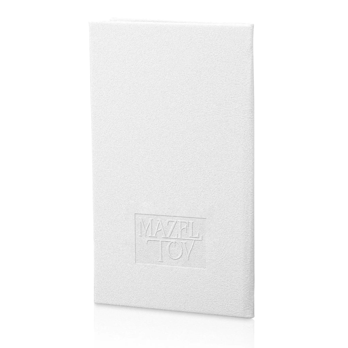 White leather gift note booklet by Waterdale Collection with embossed logo detail, ideal for bat mitzvah cards and special occasions.