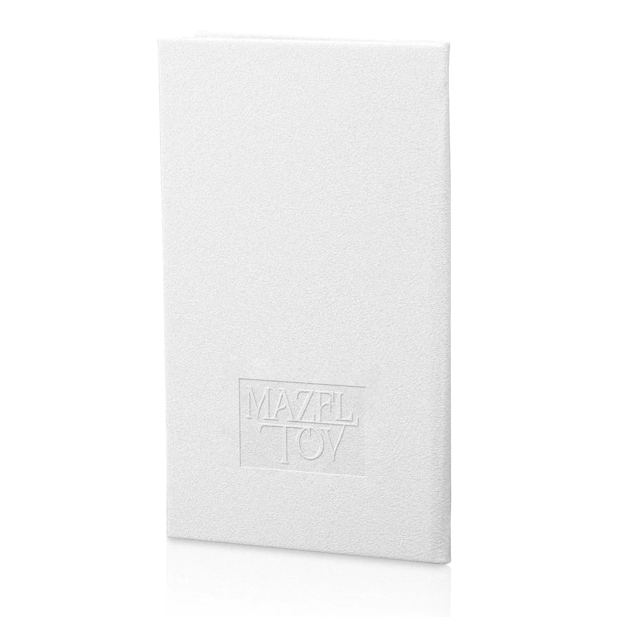 White leather gift note booklet by Waterdale Collection with embossed logo detail, ideal for bat mitzvah cards and special occasions.