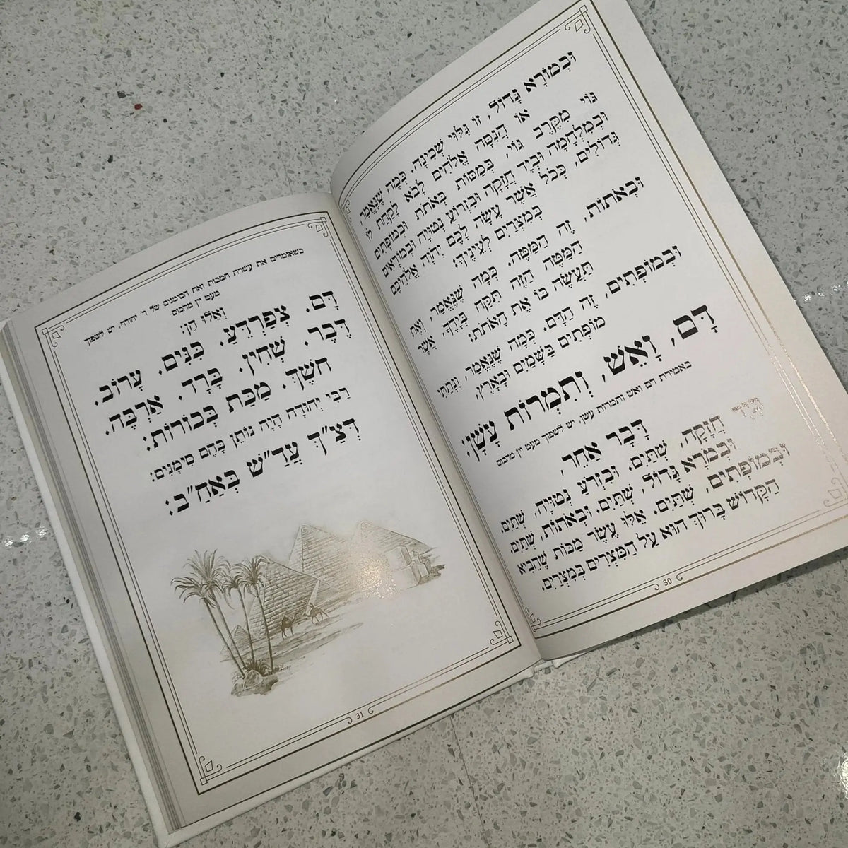 Leather Haggadah with Lucite Plate open showing Hebrew text pages and decorative insert, Passover holiday prayer book.
