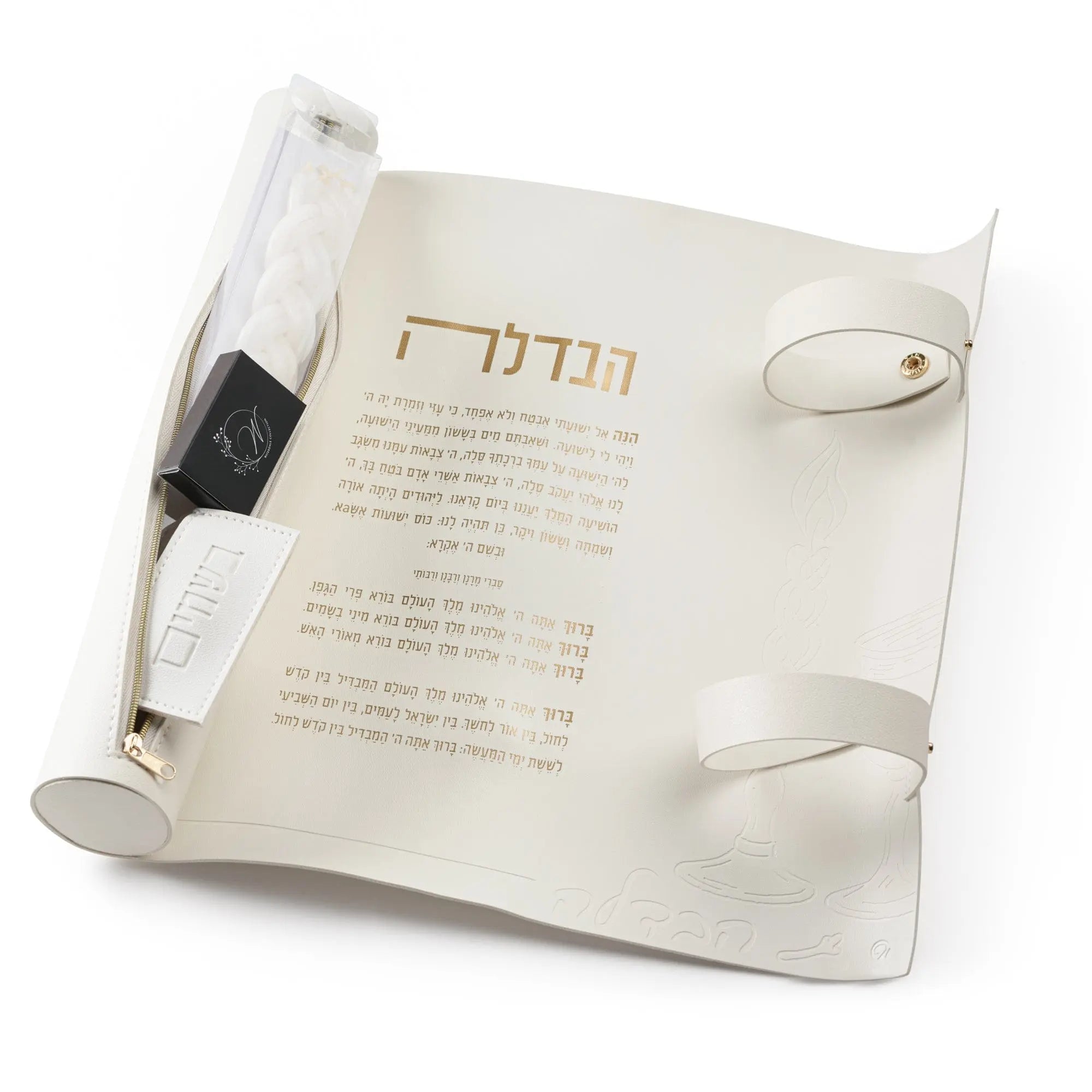 White leather havdalah mat - Set with matches, besamim, candle. - Waterdale Collection - White background.