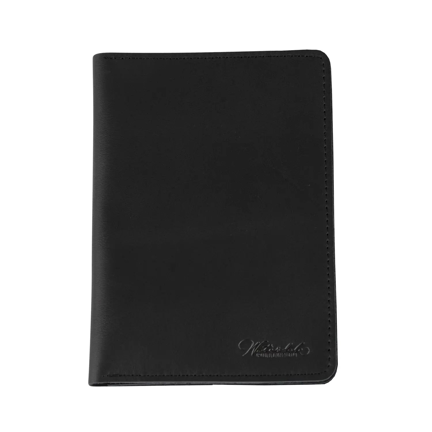 A black faux leather passport case with the brand signature visible on the bottom right.