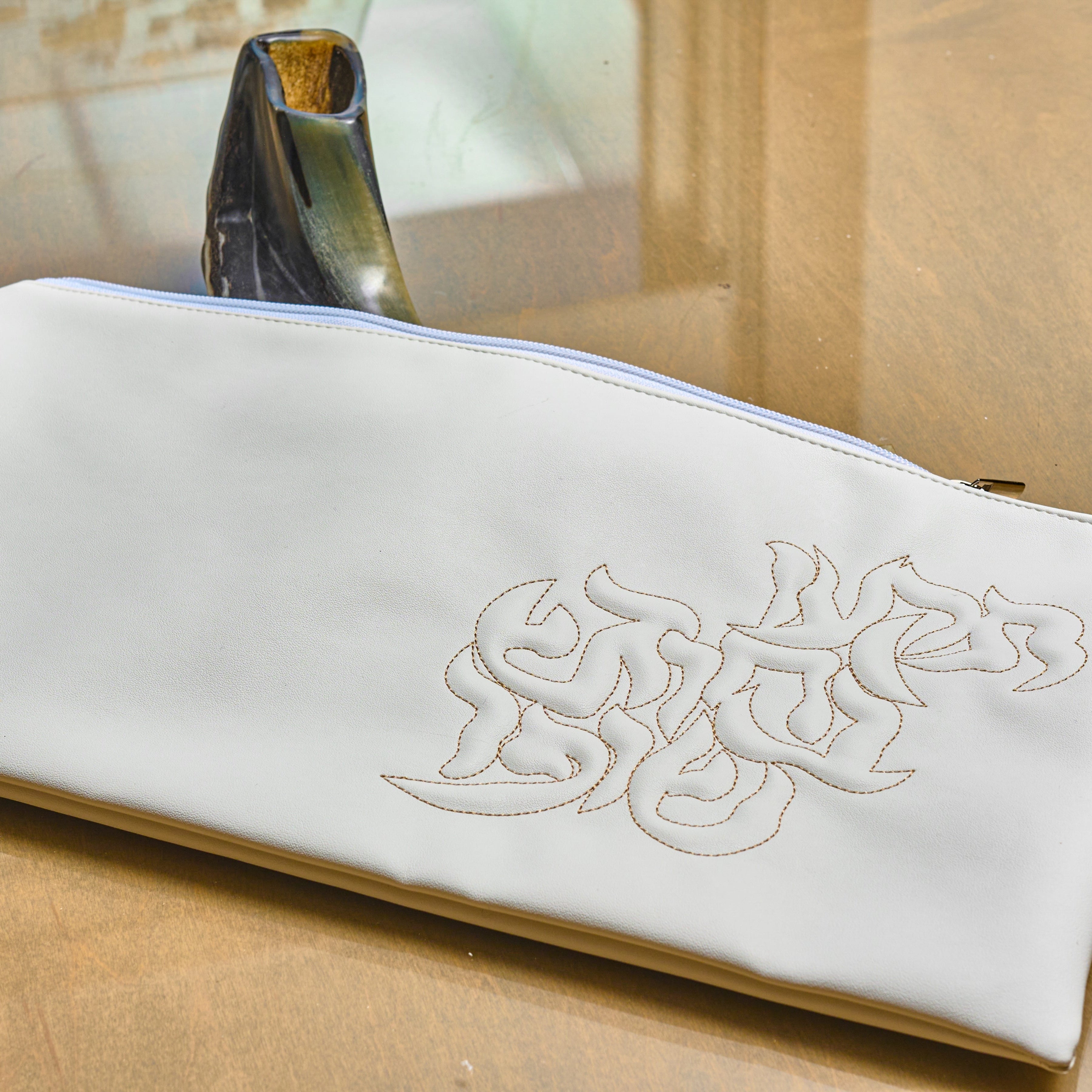 Leather Pillow Script Shofar Bag close up gold variant