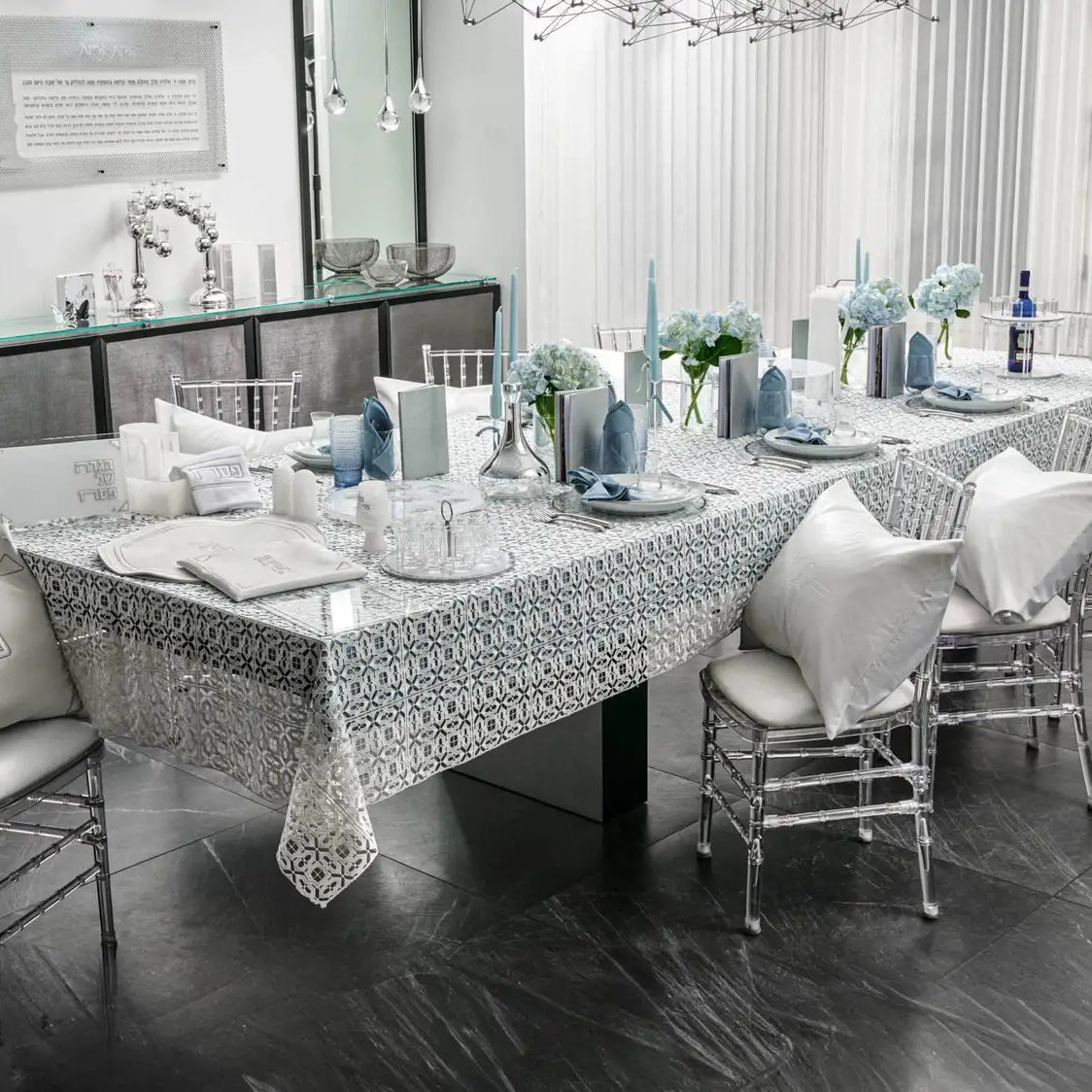 Leather Seder card napkin wraps on an elegant Passover Seder table setting.