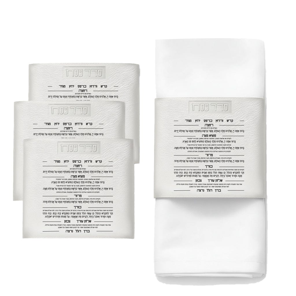 Leather Seder card napkin wraps featuring clearly printed Pesach simanim and instructions.