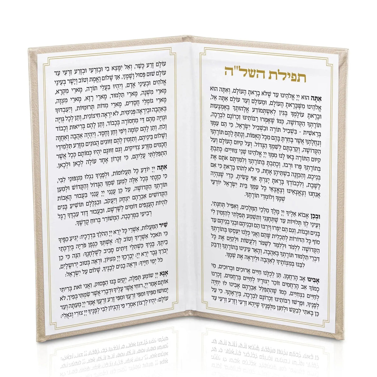 Leather Tefillas Hashlah prayer book open showing Hebrew text pages, tan binding with gilt edging, compact portable format for daily use.