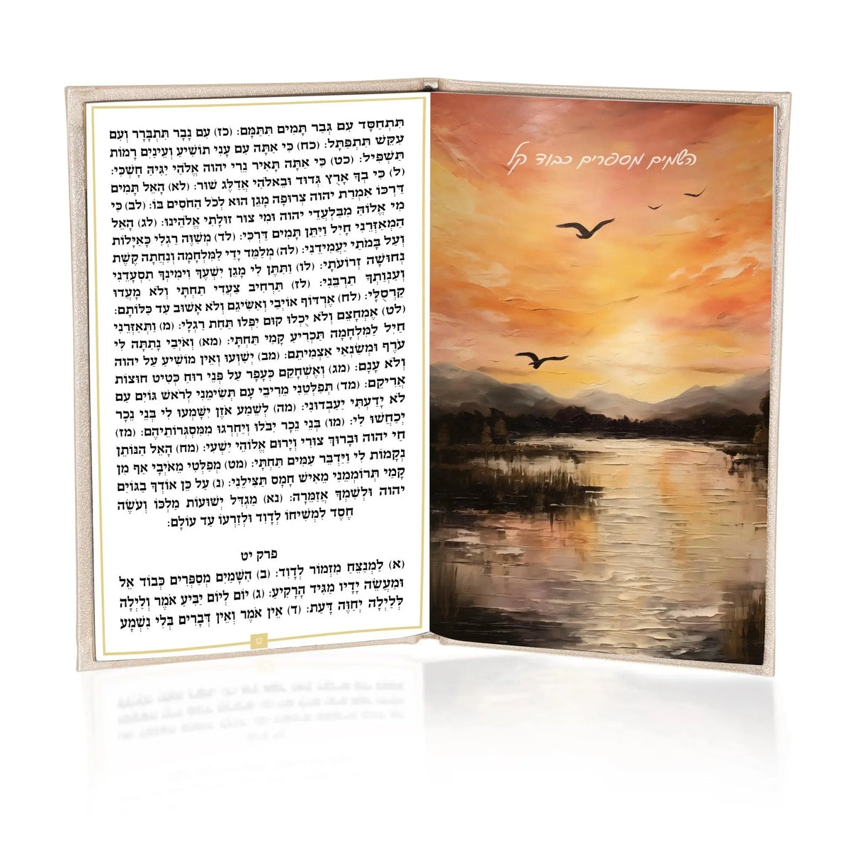 Leather Painted Tehillim book open showing sunset landscape artwork on right page and Hebrew text on left, brown leather cover visible.