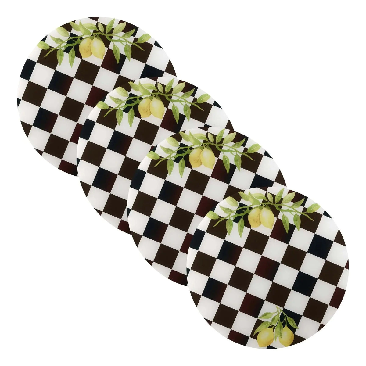 Lemona Chargers with black and white checkered pattern and green floral accents, oval shape table charger plate.