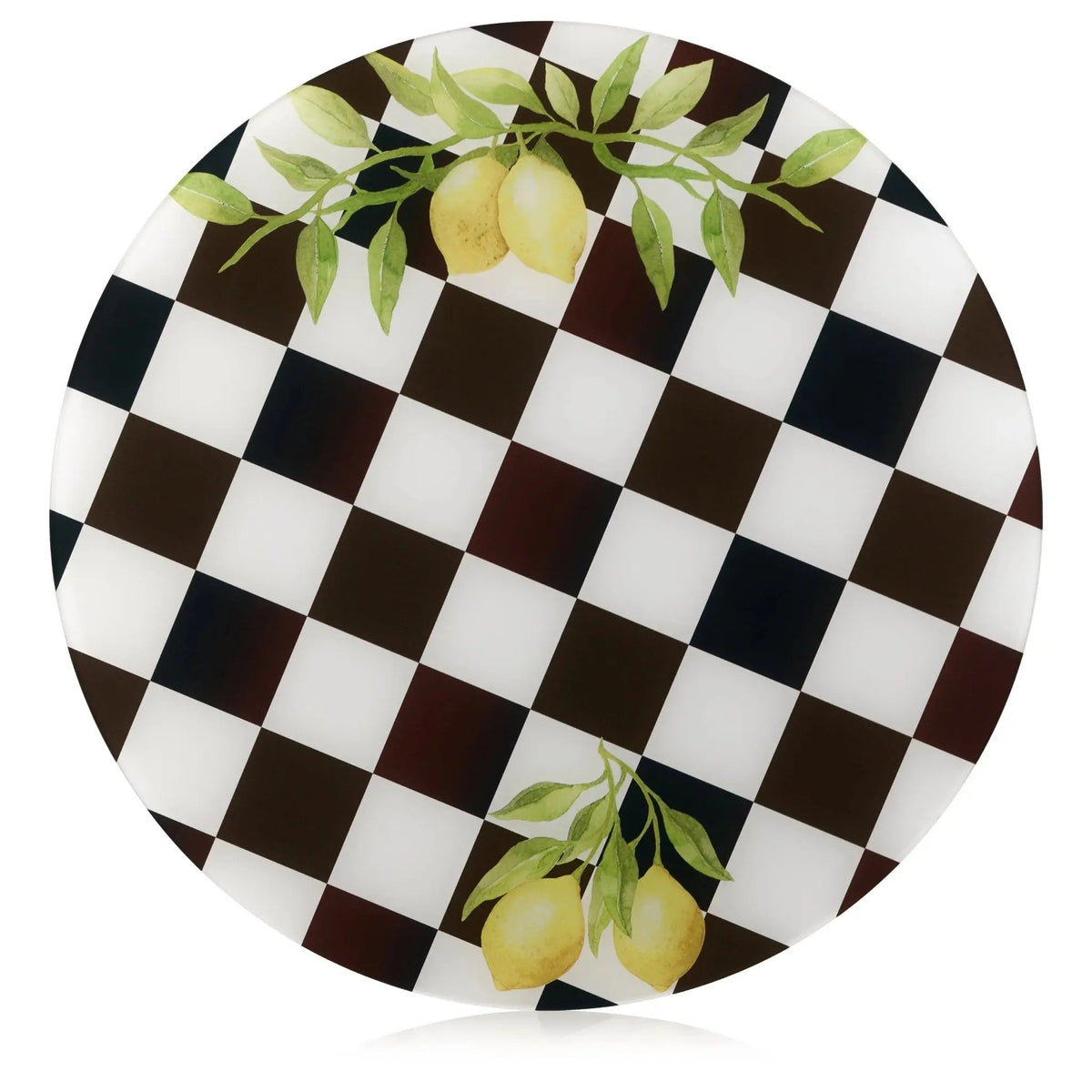 Lemona Chargers with black and white checkered pattern and yellow lemon motifs, perfect for holiday table settings and Pesach dinners.