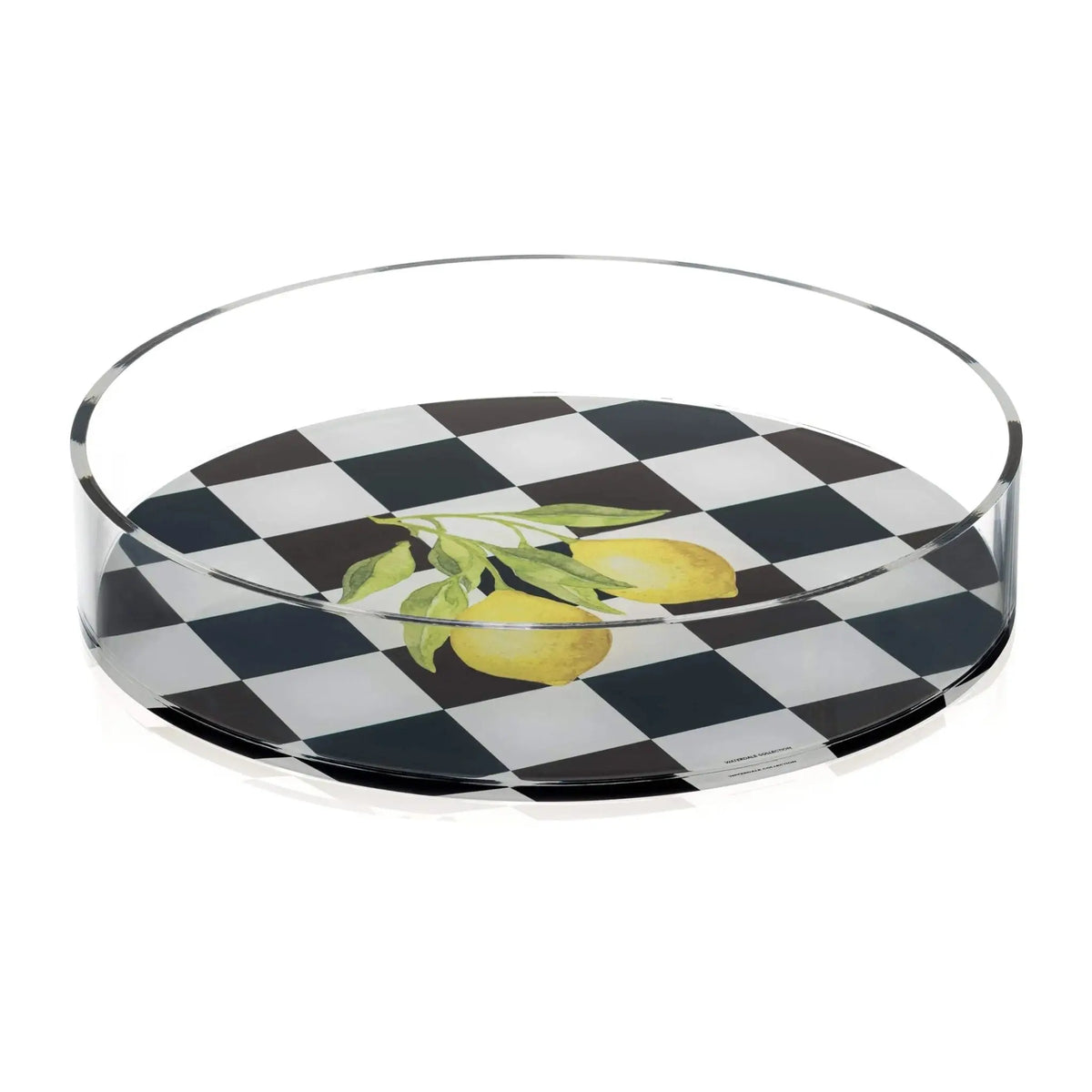 Lemona Tray with black and white checkered pattern and yellow lemon detail, round glass serveware dish
