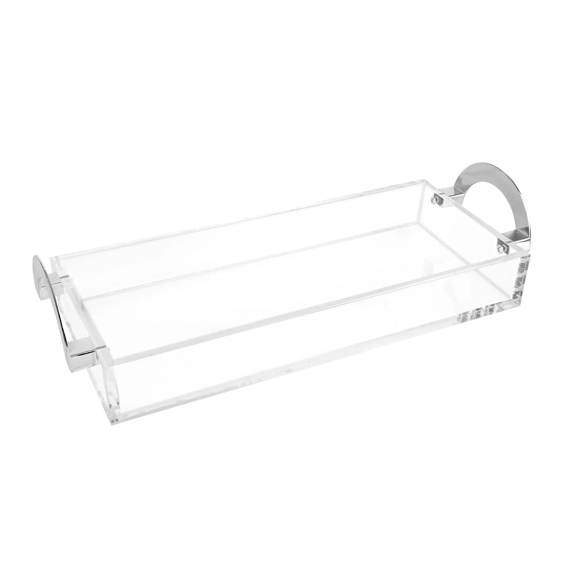 Clear acrylic bread and towel tray with silver metal handles and trim by Waterdale Collection, displayed at an angle.