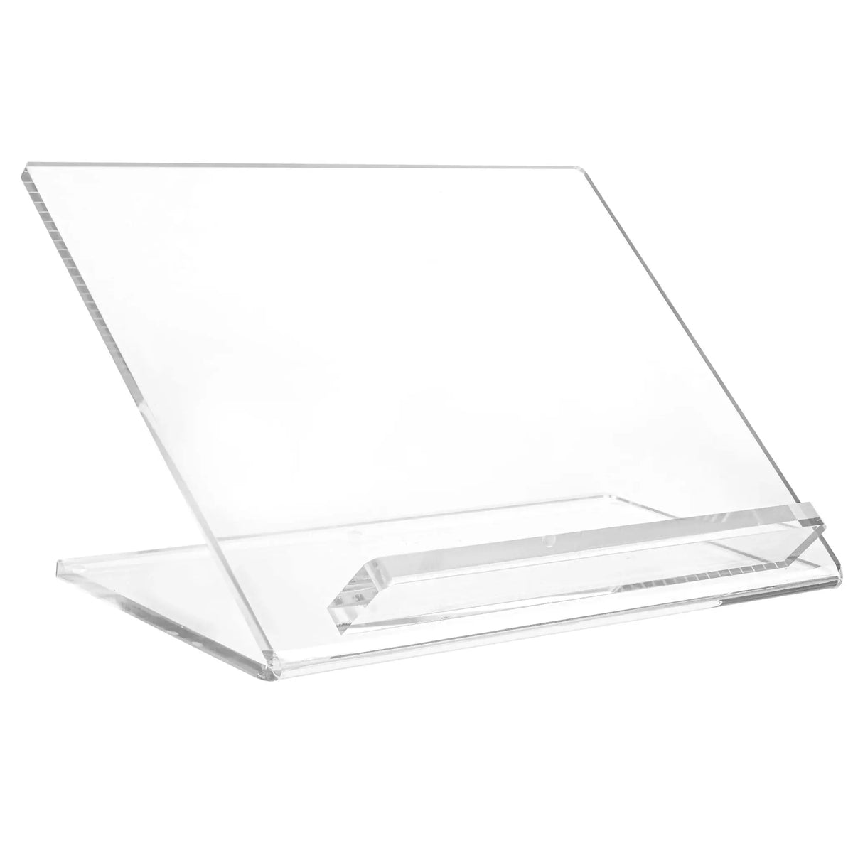 Clear acrylic tabletop shtender with angled reading surface and modern minimalist design, perfect for displaying text or religious materials.