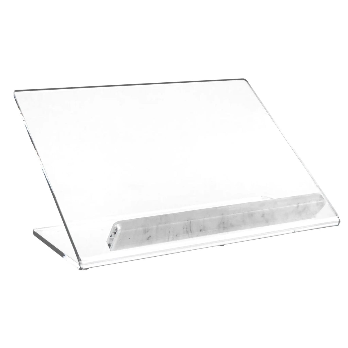 Clear acrylic Luxe Tabletop Shtender with marble-textured base, angled design for reading religious texts and books
