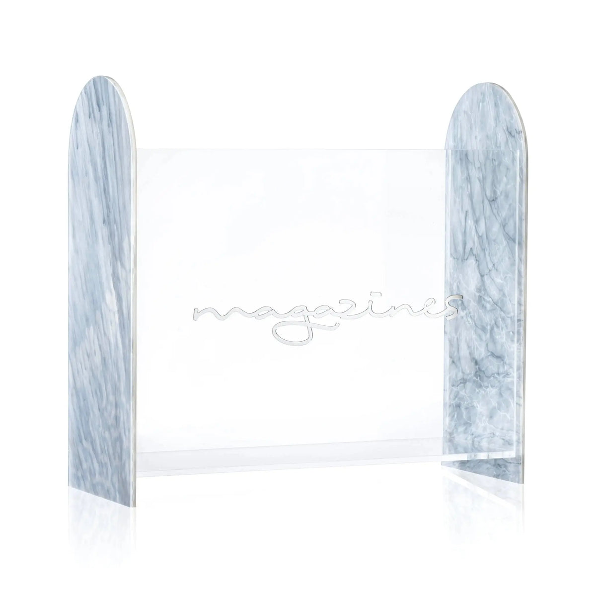 Waterdale Collection marble magazine rack with two tall curved panels in light gray and white veining, holding rolled magazines.