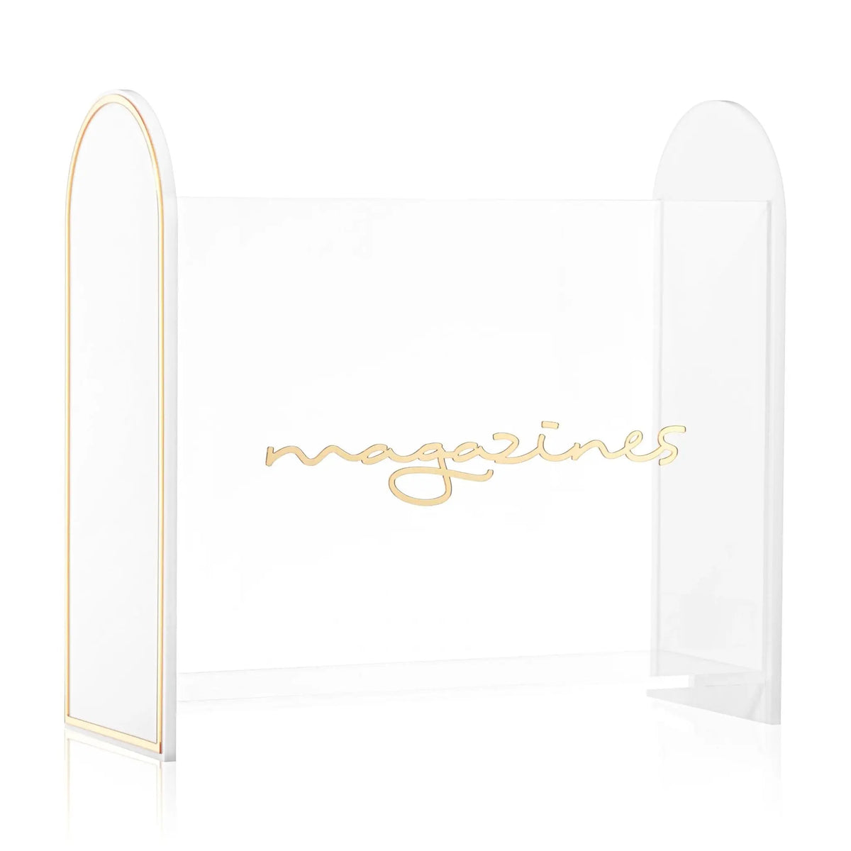 Waterdale Collection magazine rack in clear acrylic with gold metal frame, modern minimalist design for organizing publications and documents.