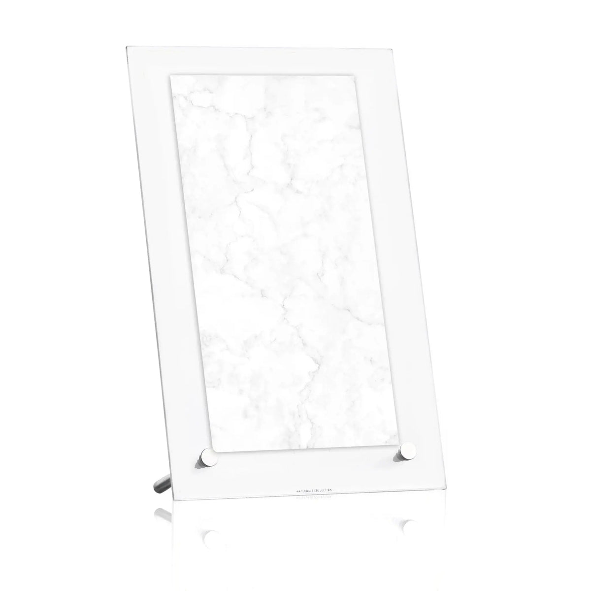 White marble custom tabletop print plaque displayed on silver metal stand, featuring veined stone pattern design.