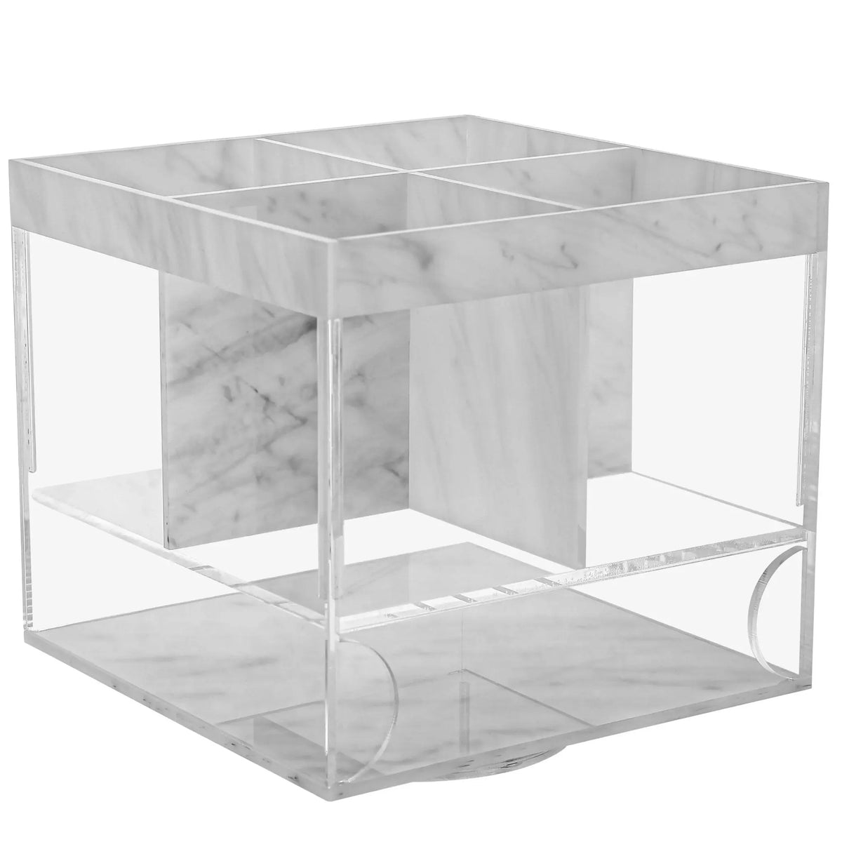 Marble Swivel Silverware Caddy with clear acrylic sides and marble veneer dividers, modern tabletop organizer by Waterdale Collection